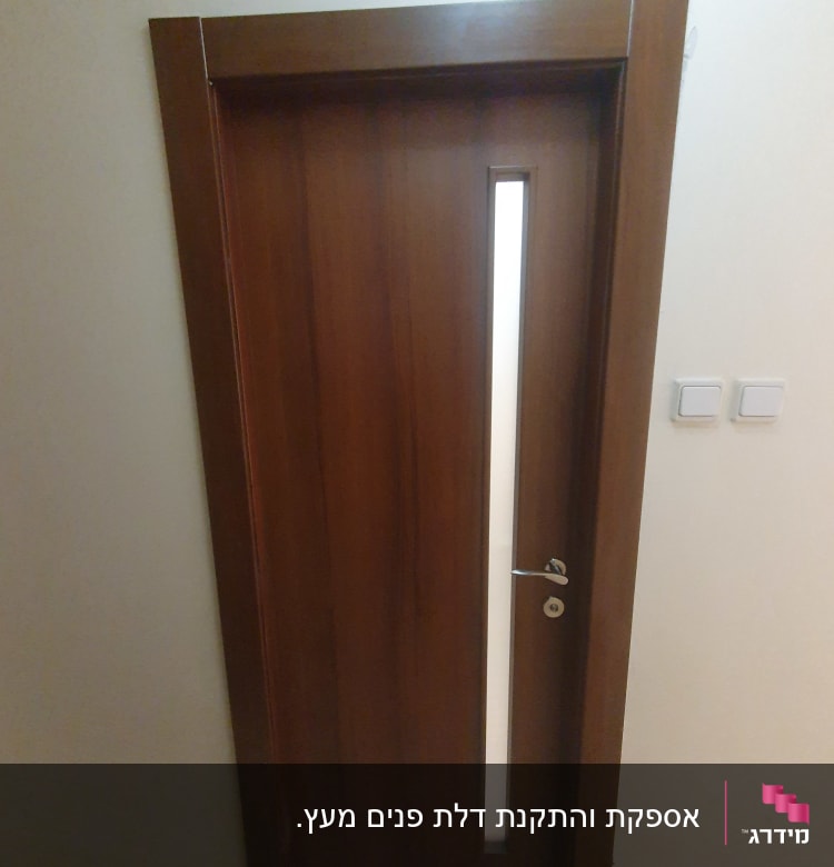 דלת עץ עם חלון צר וידית מתכת